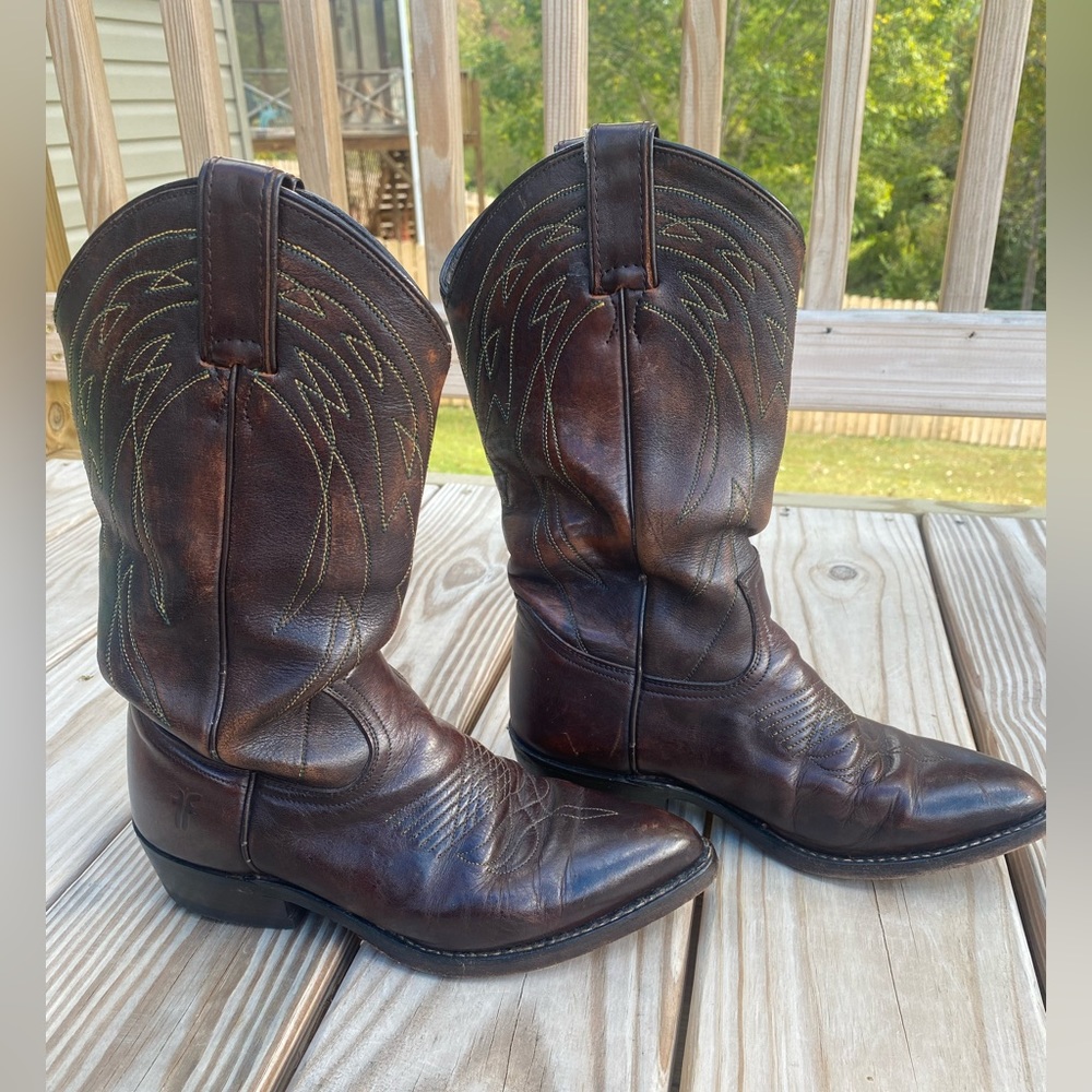 Frye Brown Heeled Boots with Western Stitching